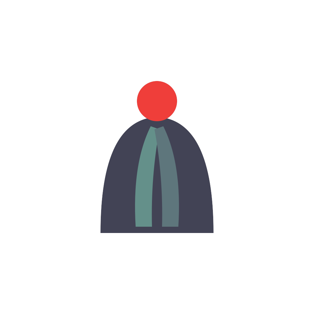 Stylized person icon with red head and dark coat with teal scarf.