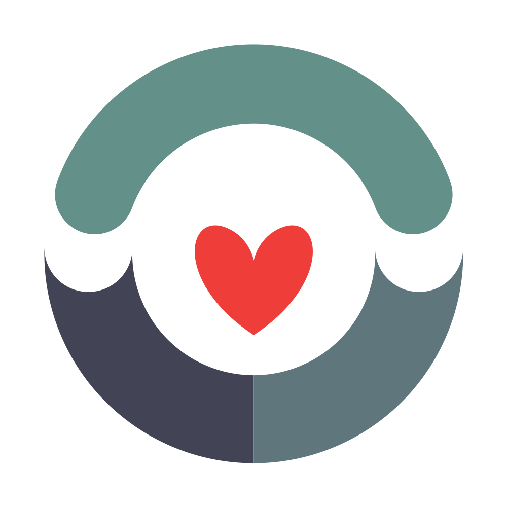 Abstract circular logo with a red heart in the center and teal, white, and dark gray segments