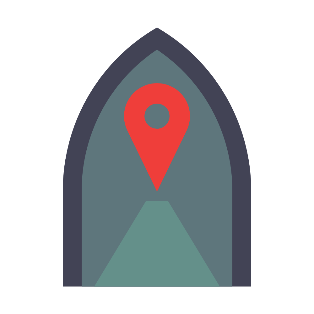 Red location pin inside a gray arched tunnel icon