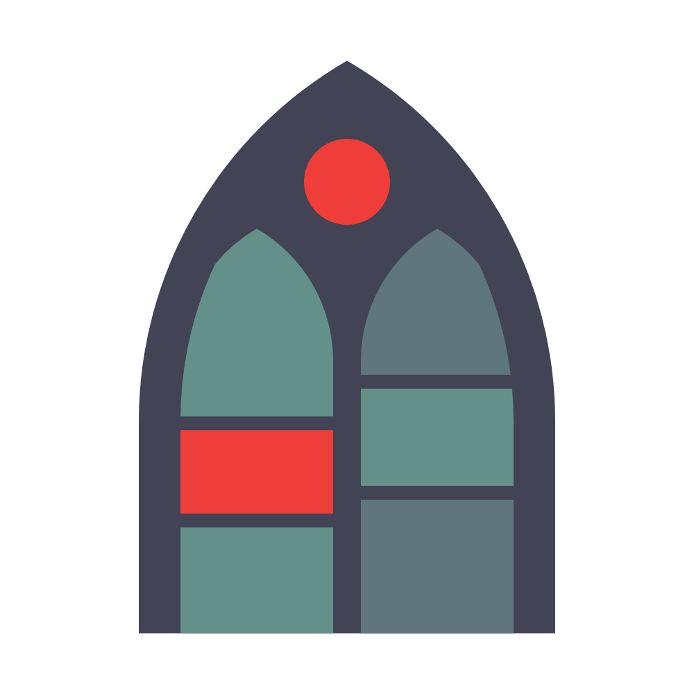 Stylized dark gray arched window with green panes and a red top circle and lower-left pane
