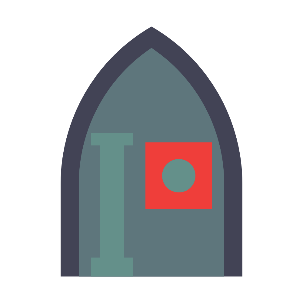 Stylized arched window with teal interior, green I-shape, and red square with a circle cutout