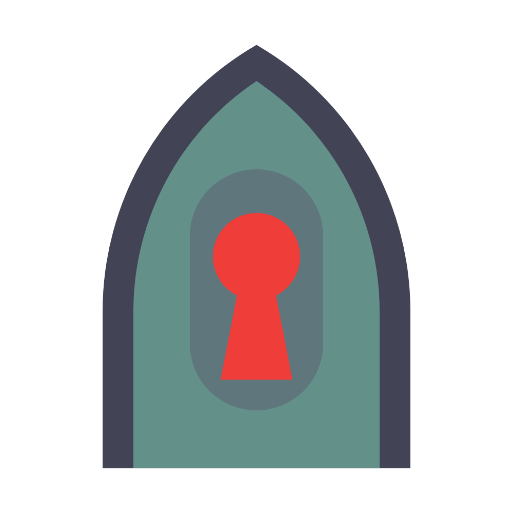 Stylized keyhole icon in teal, gray, and red on a white background