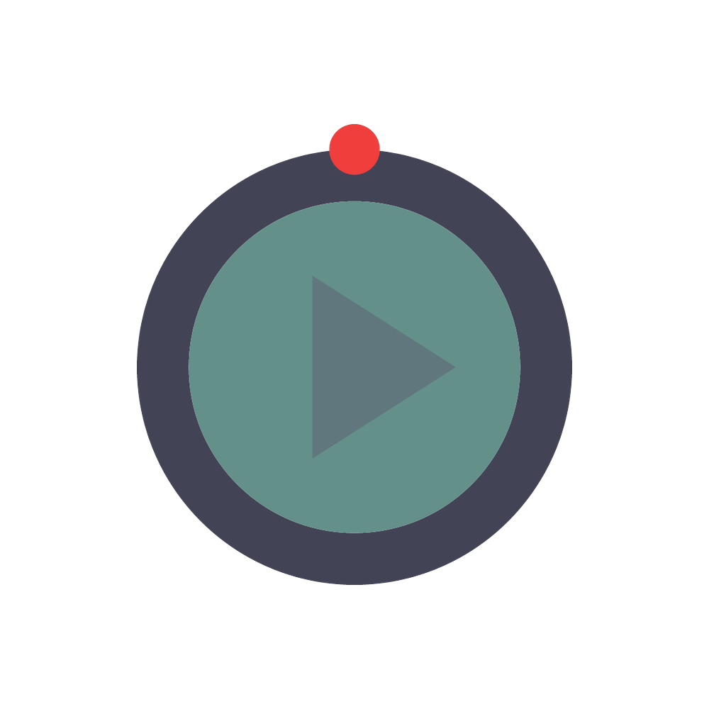 Circular play button icon with teal center, dark border, gray play triangle, and small red dot at top