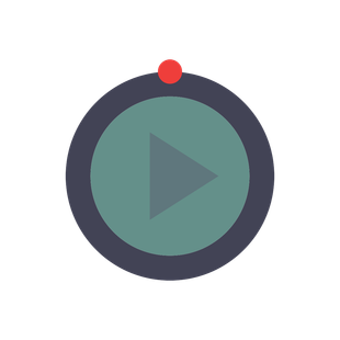 Circular play button icon with teal center, dark border, and small red dot at top