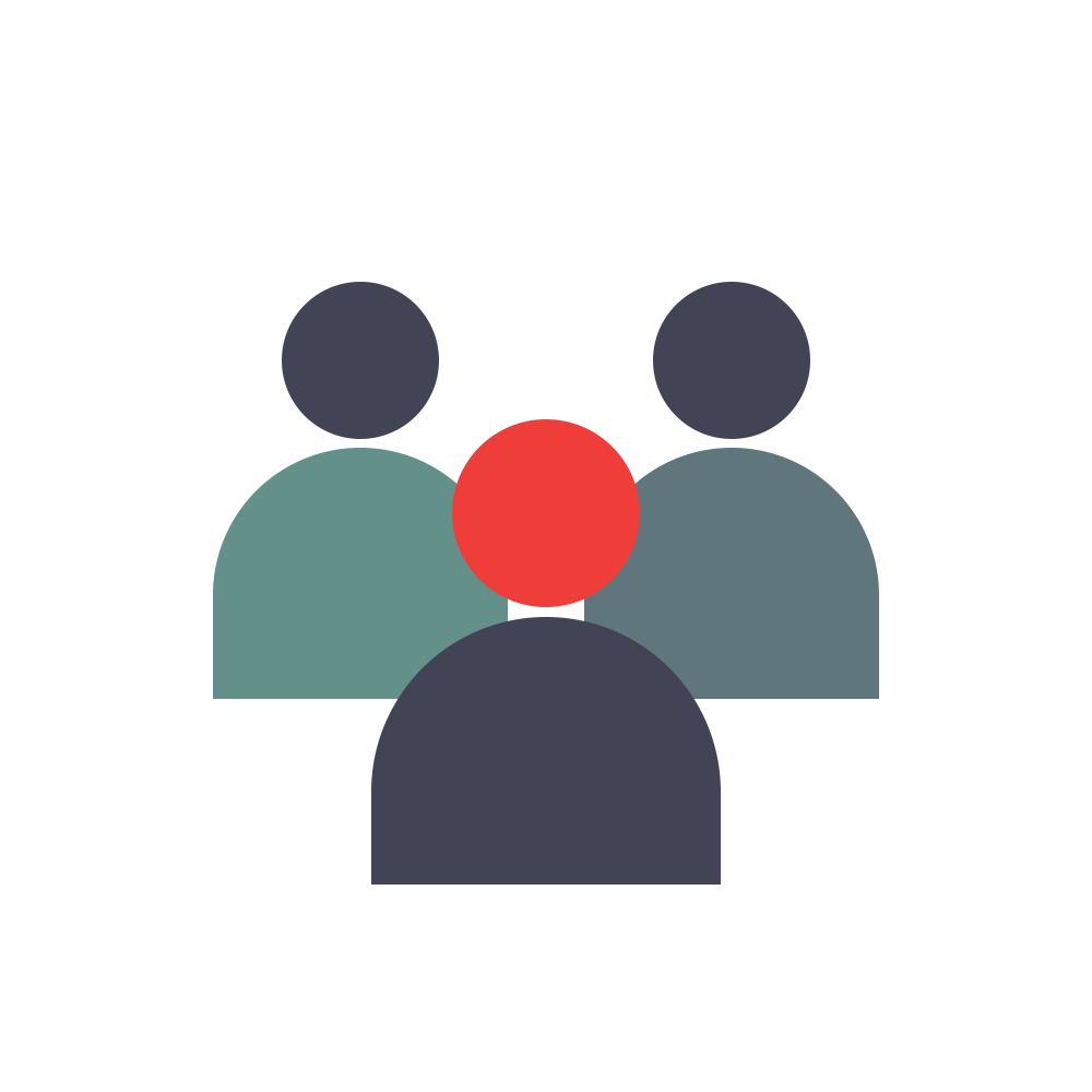 Three abstract people icons, two teal figures behind a red center figure, dark gray figure below