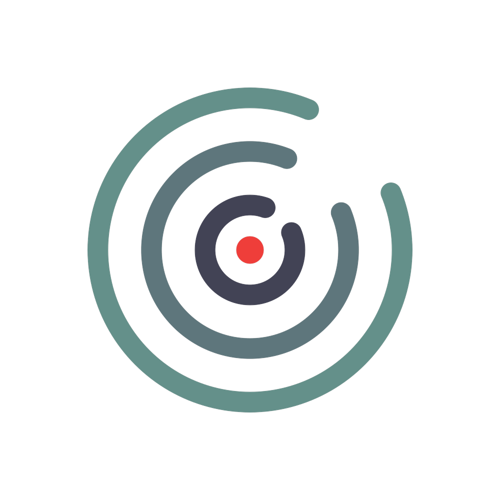 Abstract logo with teal and dark gray concentric arcs around a red center dot on a white background