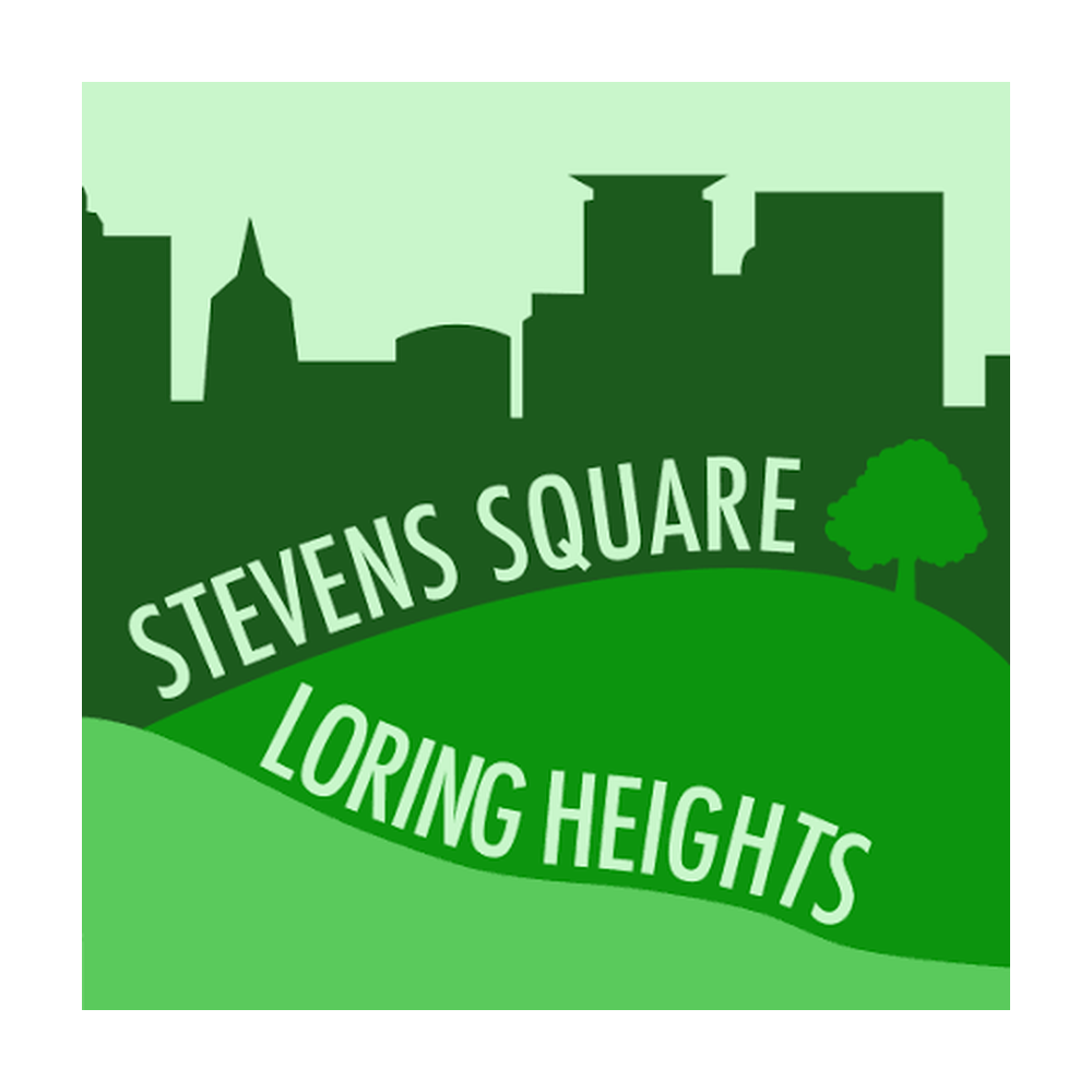 Stevens Square and Loring Heights neighborhood logo in green with skyline silhouette and tree