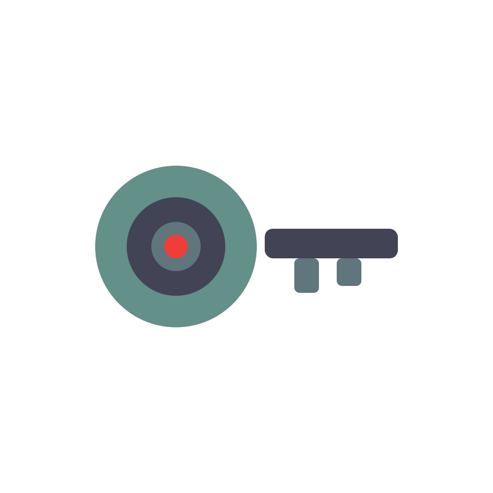 Minimal icon of a target and key in teal, dark gray, and red
