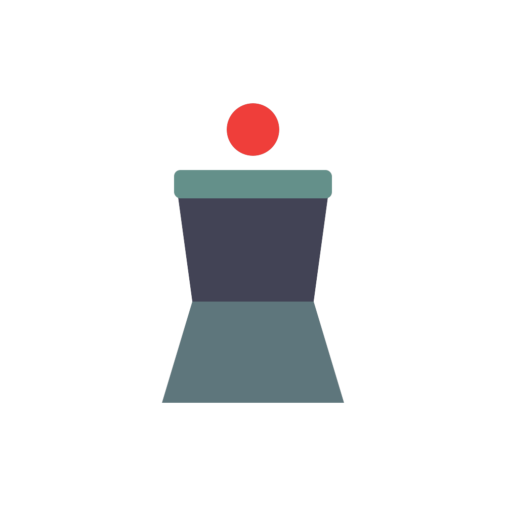Stylized gray podium with a red circle above it on a white background