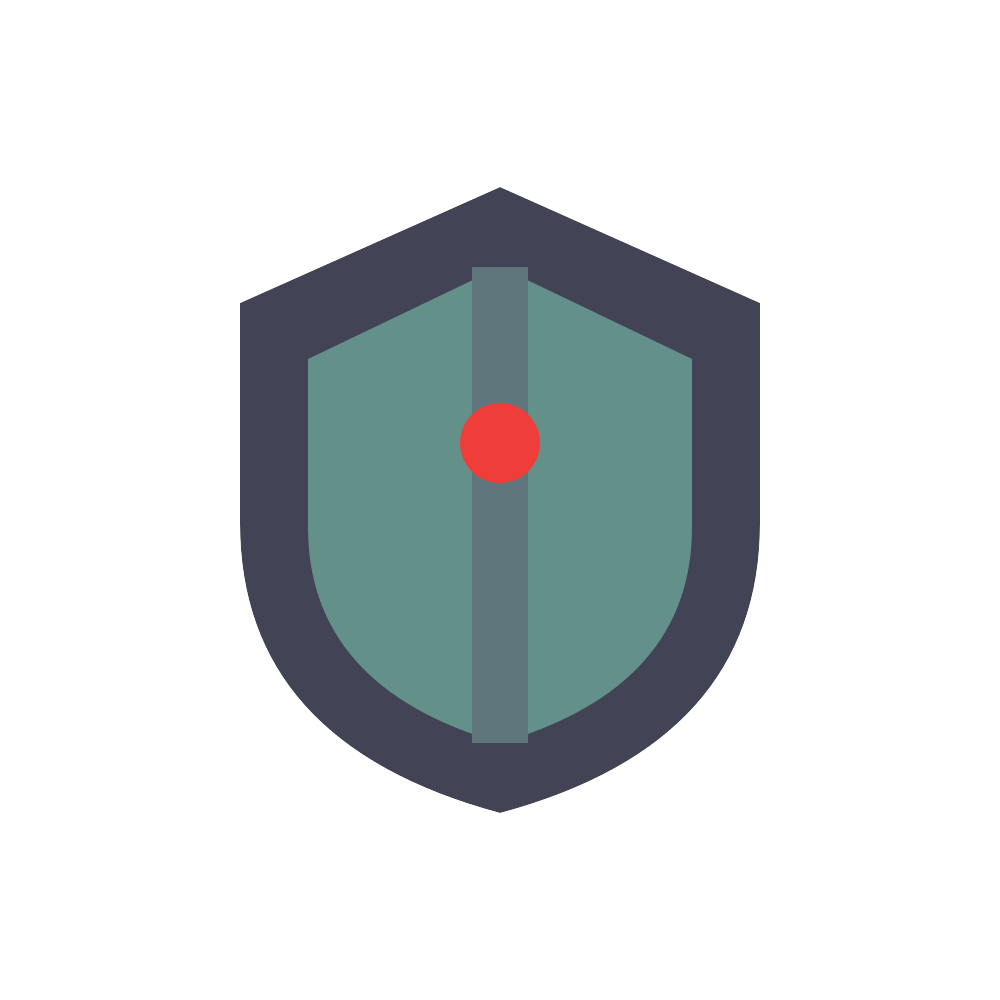Shield icon with dark border, teal center, and red dot in the middle