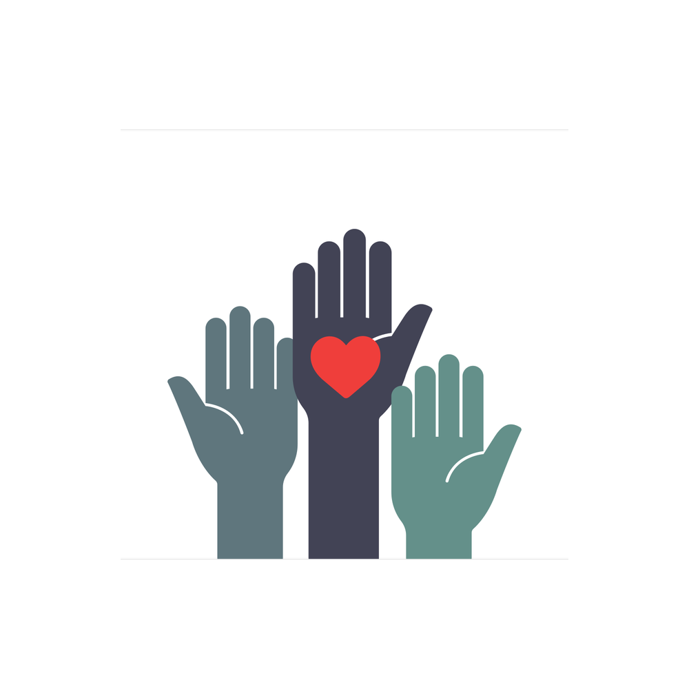 Three raised hands with a red heart on the center hand, symbolizing support and care