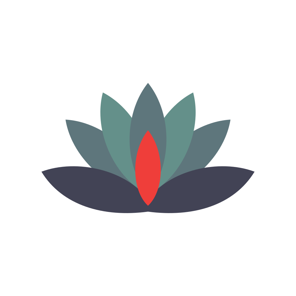 Stylized lotus flower logo in teal, gray, purple, and red on a white background
