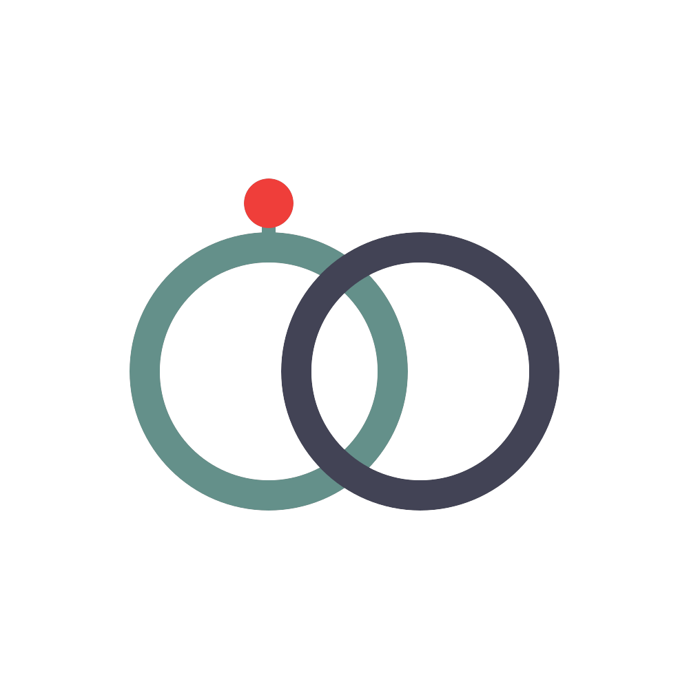 Abstract logo with two overlapping rings, teal and dark gray, topped by a small red dot.