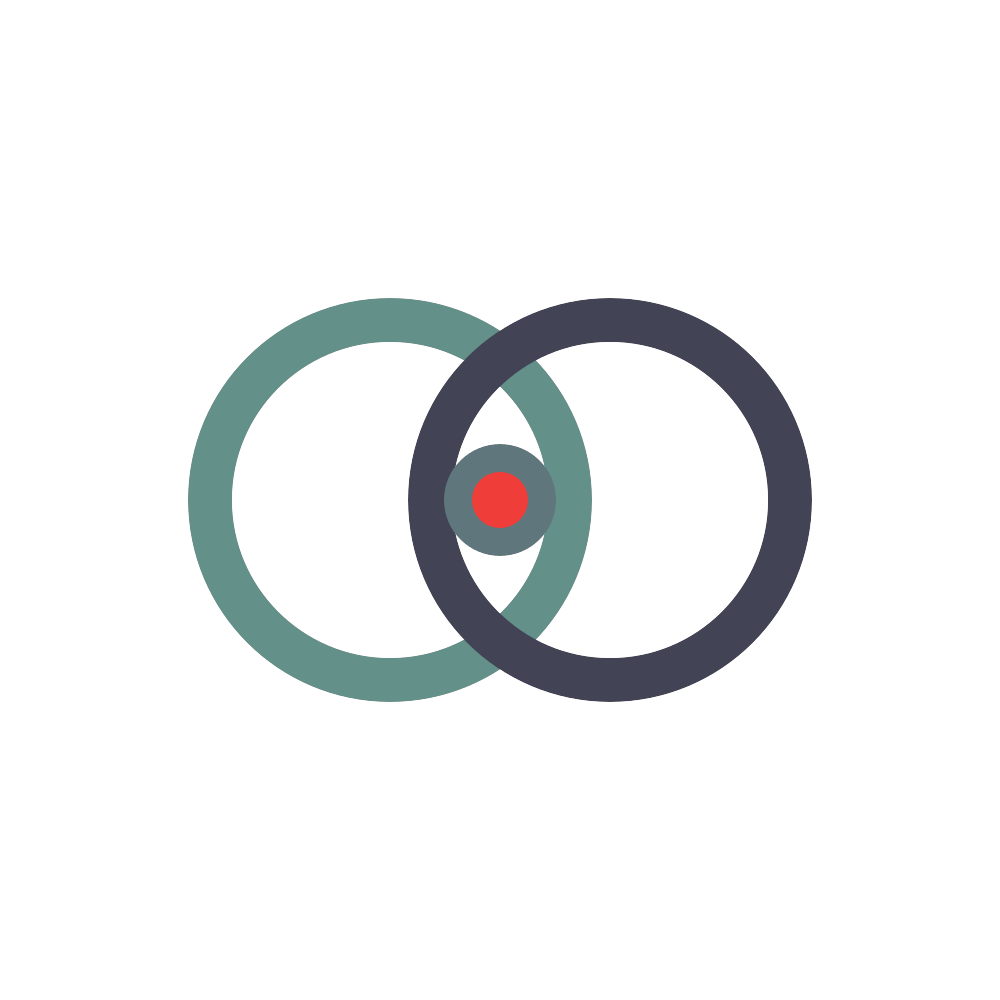 Two overlapping teal and dark gray rings with a small red dot at the center