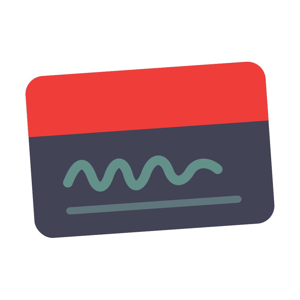 Red and dark gray card with teal squiggle and line, tilted slightly on white background