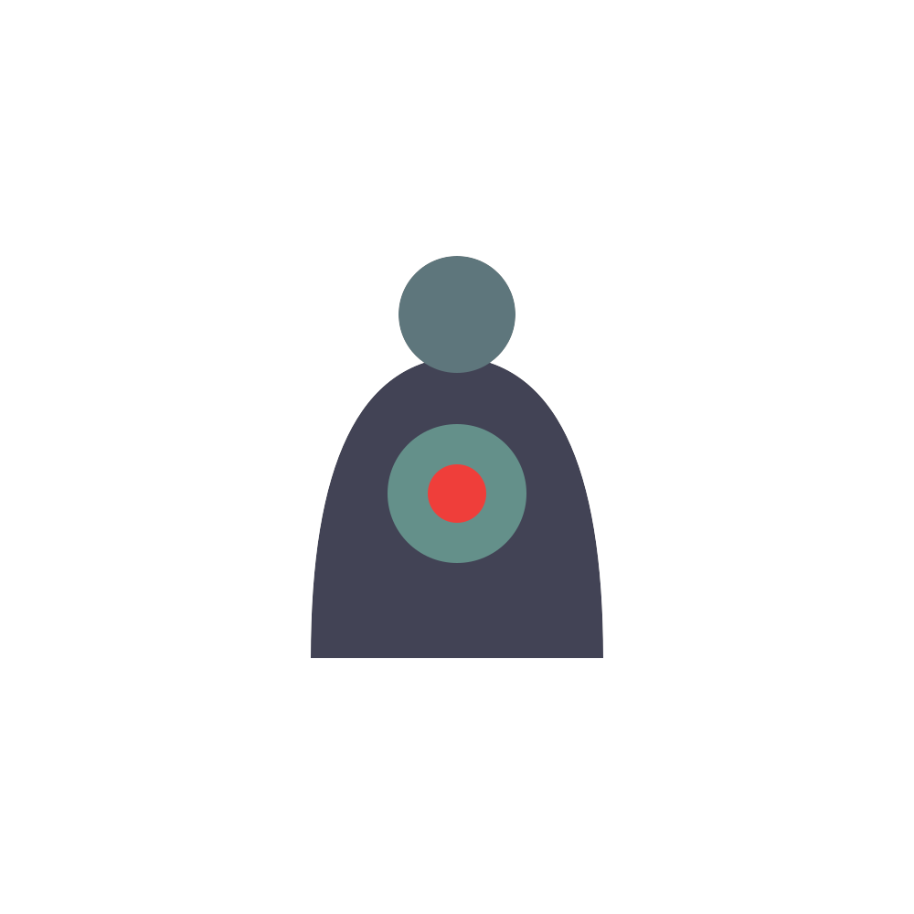 Abstract person icon with teal head, dark body, and red target on chest