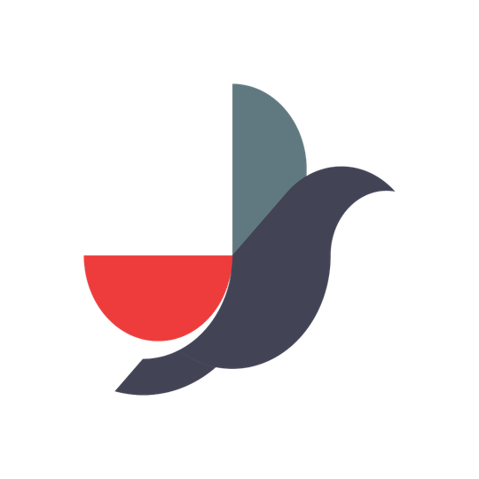 Stylized abstract bird logo in dark navy, teal, and red on a white background