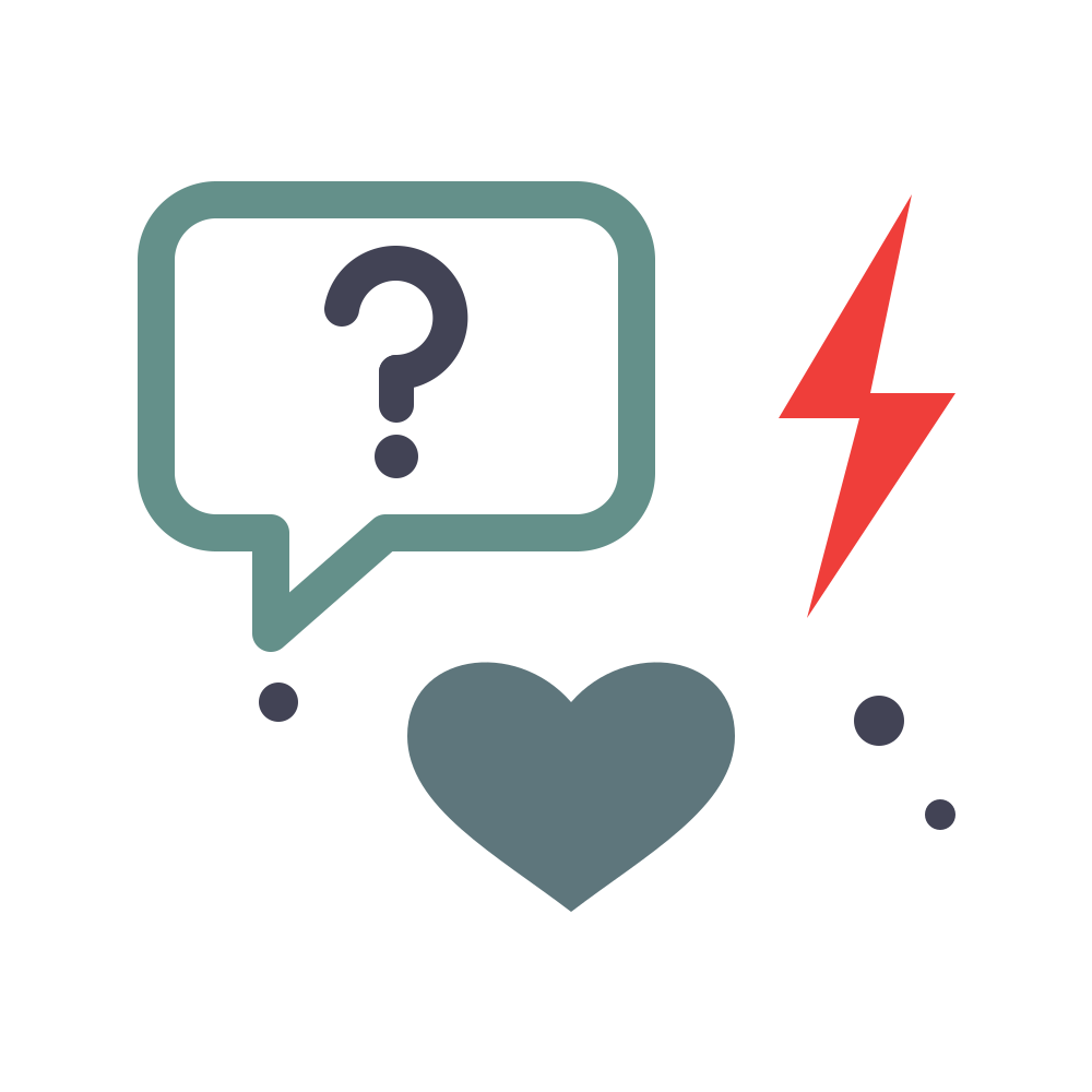 Question mark in a speech bubble beside a heart, red lightning bolt, and small dots on a white background