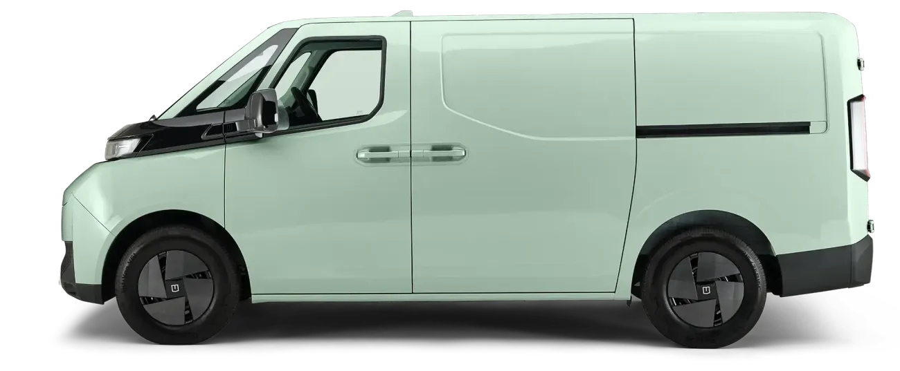 Side profile of a light green cargo van with dark-rimmed wheels against a white background.
