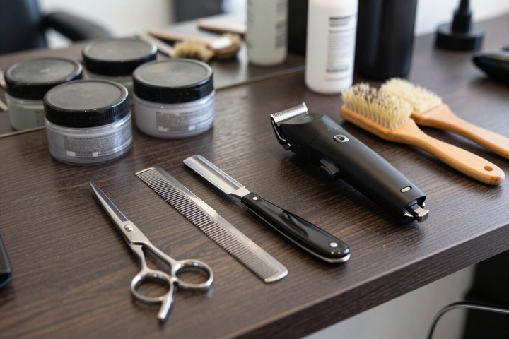 Barbering tools and station at Mr. Kelly's Barber Shop in Brooklyn.