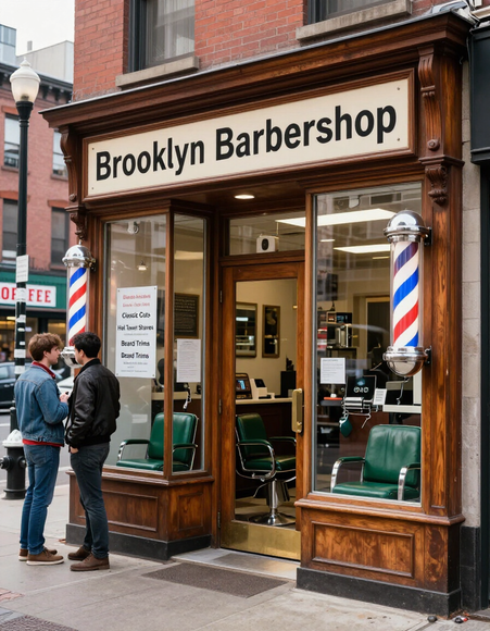 Exterior of Mr. Kelly's Barber Shop at 569 Throop Ave, Brooklyn NY.