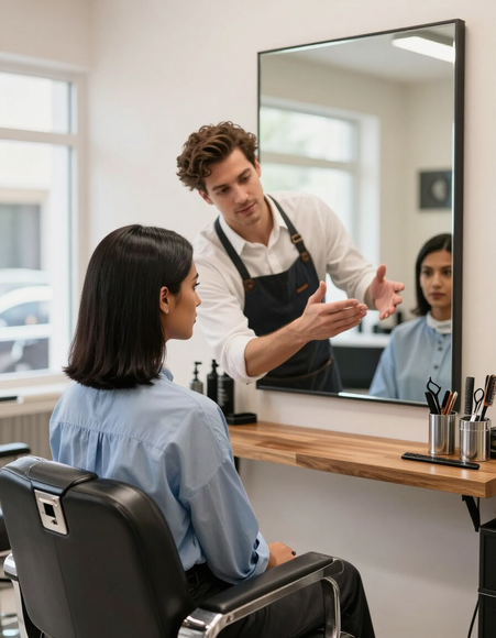 Barber consulting with a client about a haircut style at Mr. Kelly's Barber Shop.