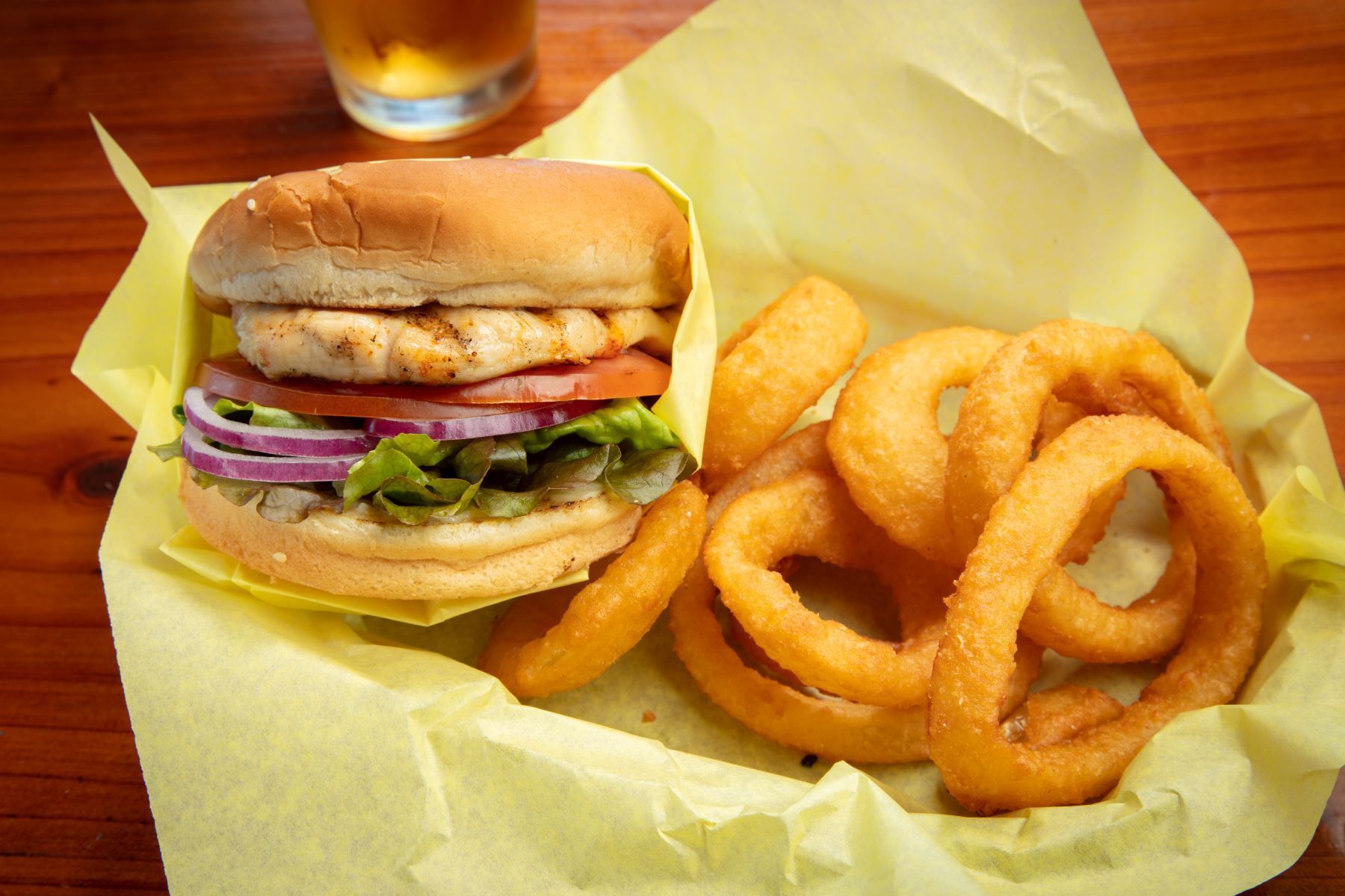 chicken burger with onion rings at Jim & Rob's Fresh Grill Ojai