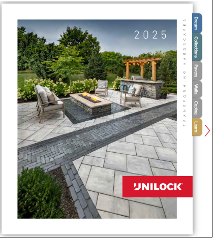 A brochure for unilock shows a patio with a fire pit
