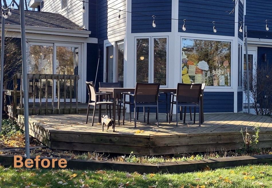 A before picture of a deck with a table and chairs
