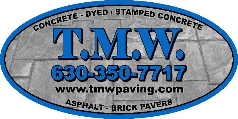 Logo for T.M.W. with blue and gray colors. Includes phone number and website. Services include concrete and pavers.