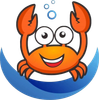 Orange cartoon crab with raised claws, smiling face, and blue bubbles above a blue wave