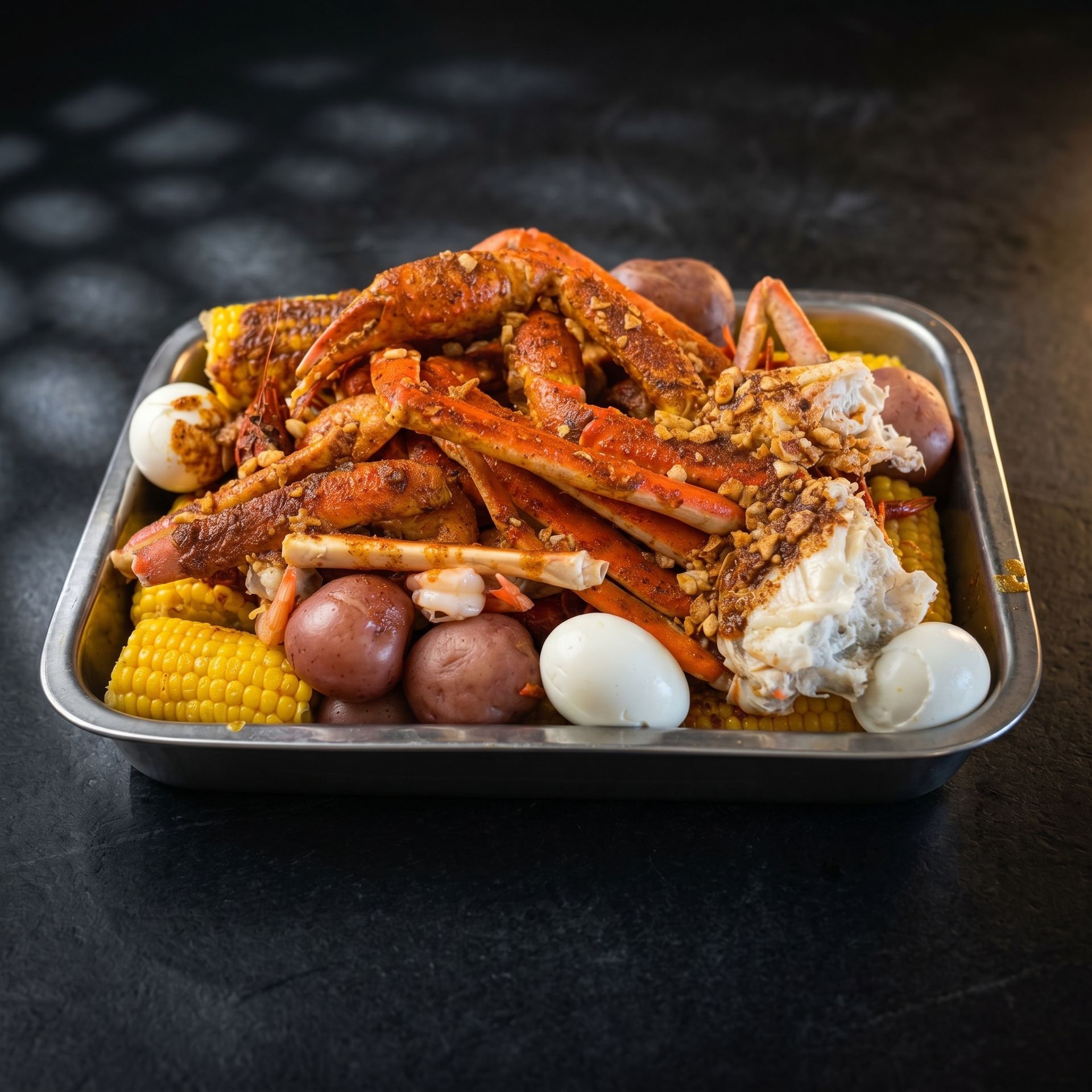 Seafood boil tray with crab legs, corn, potatoes, eggs, and rice on a dark table