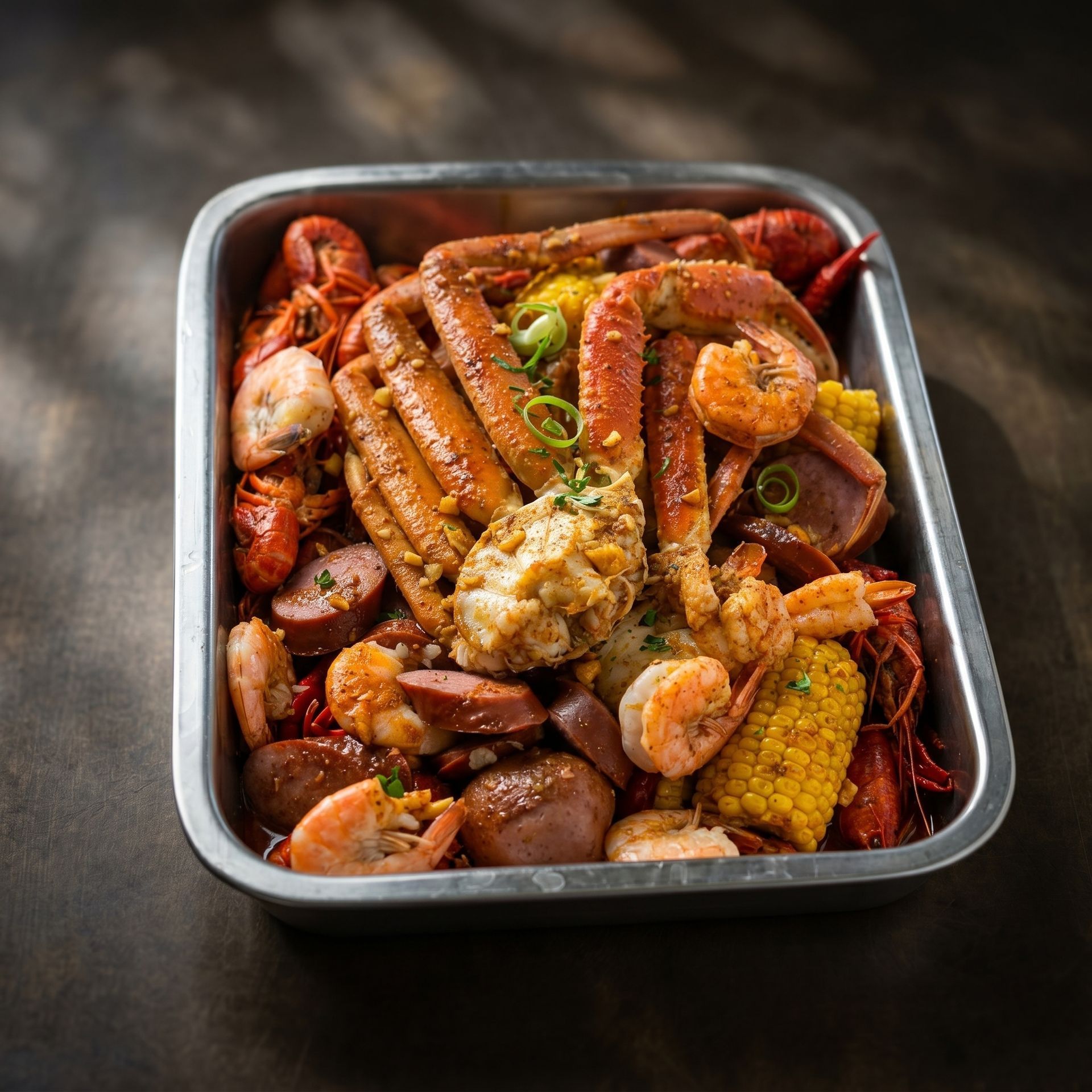 Tray of seafood boil with shrimp, sausage, corn, and potatoes in seasoned sauce
