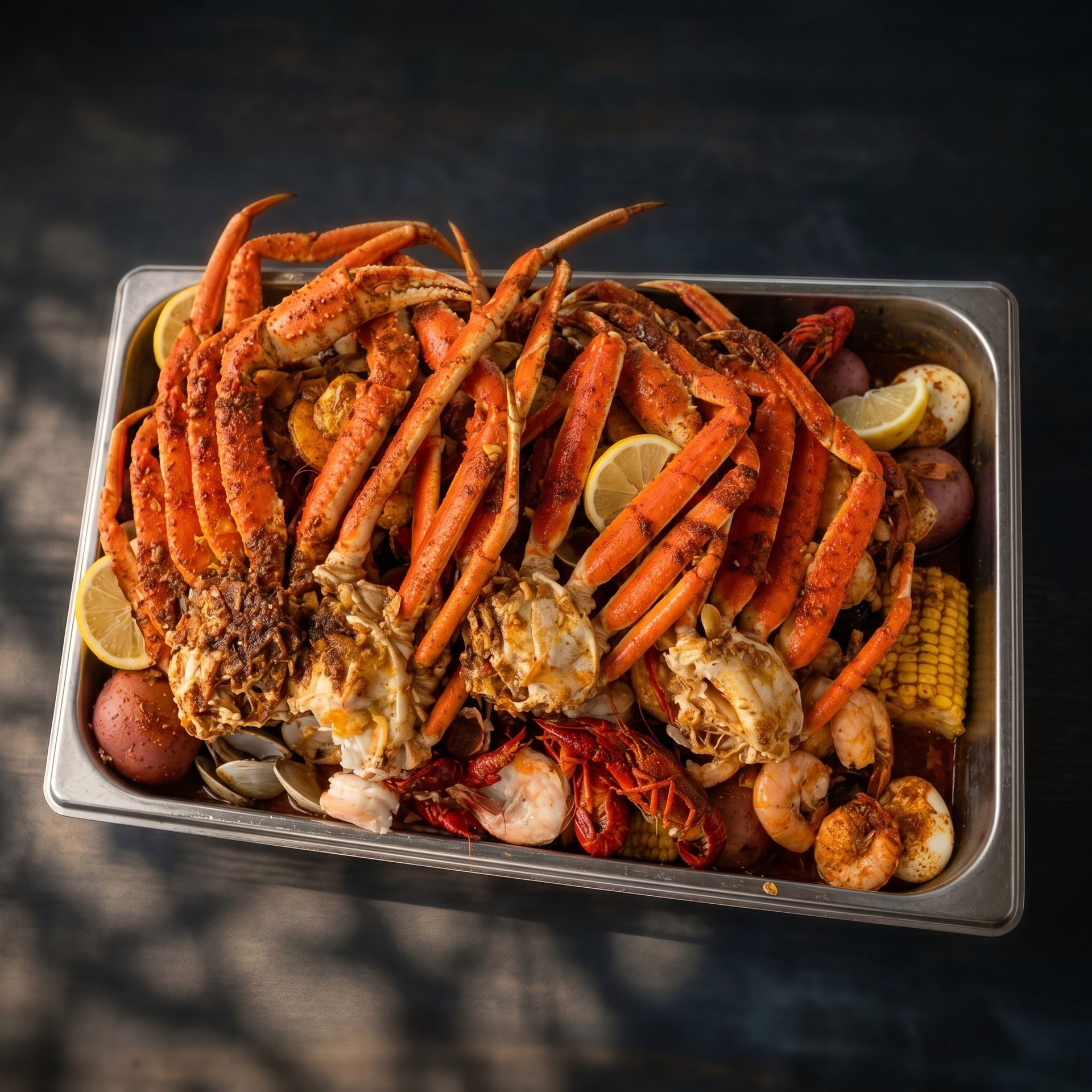 Tray of cooked crab legs, shrimp, sausage, corn, and potatoes on a dark table
