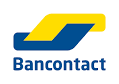 Logo van Bancontact: een abstract ontwerp in blauw en geel met daaronder het woord 