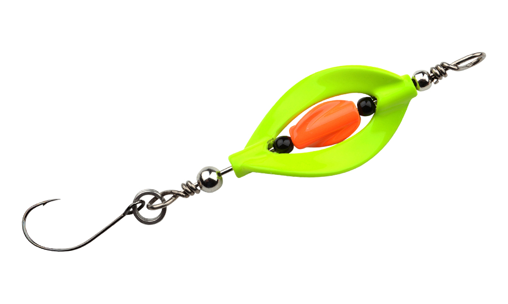 Vislokmiddel, neon groen frame met een oranje middenstuk en haak.