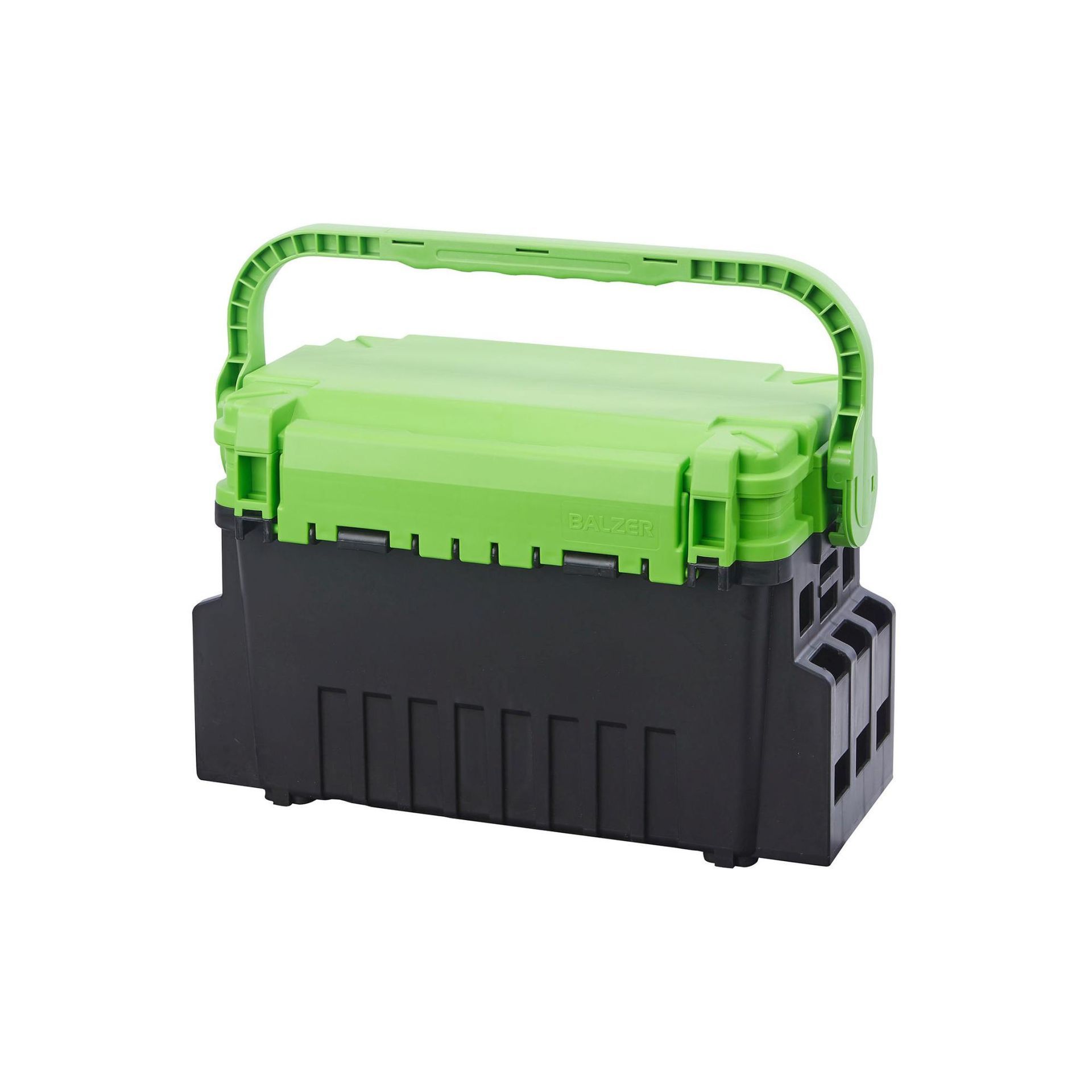Zwarte en groene gereedschapskist met handvat.