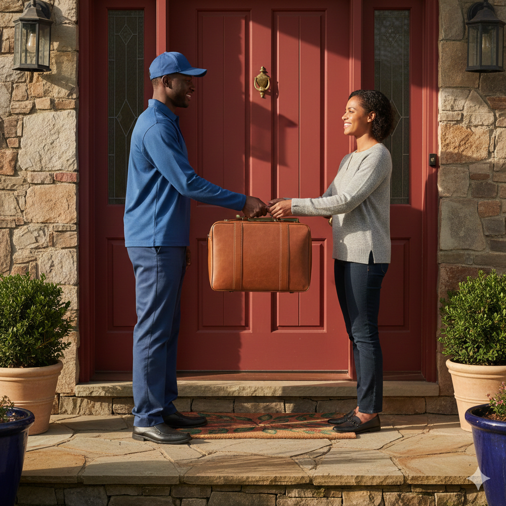 Delivery person in blue handing a brown leather suitcase to a woman outside a red door.