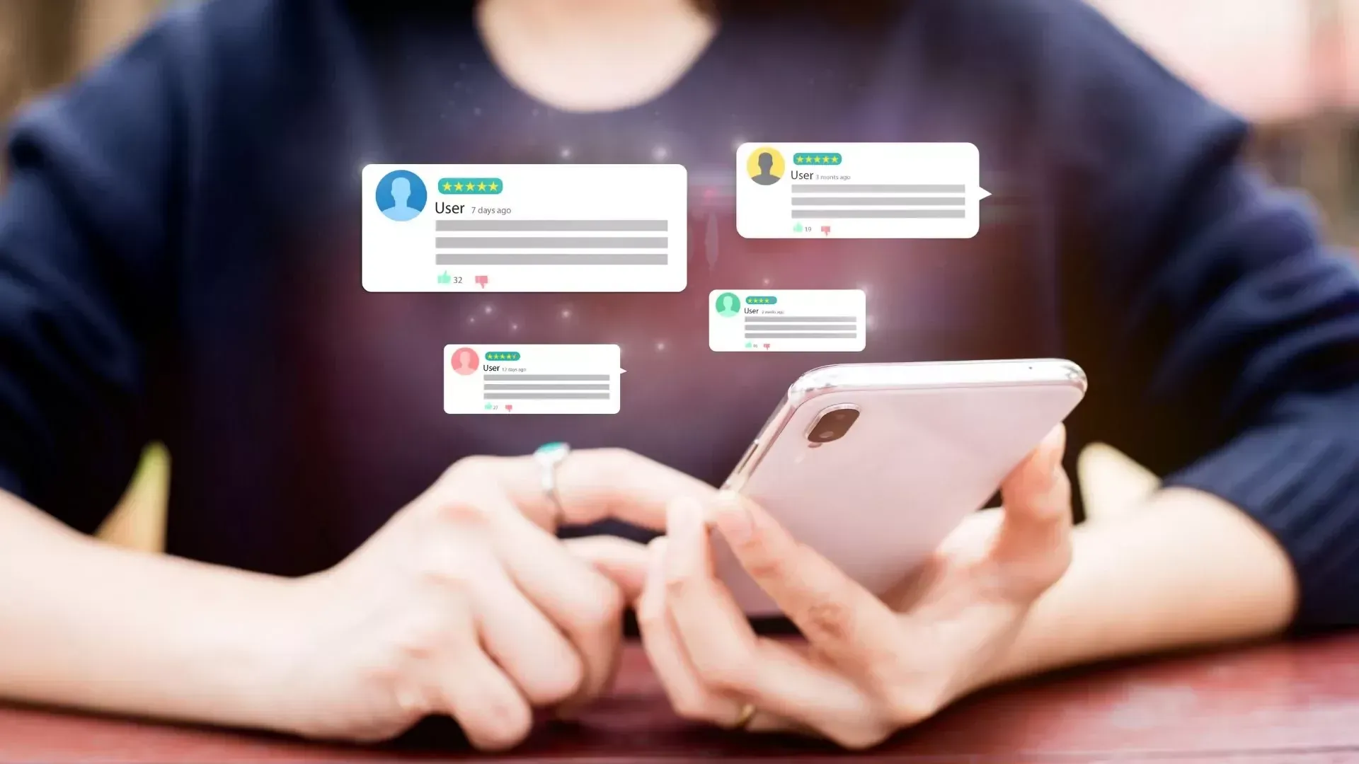 Person typing on a smartphone with floating social media notification bubbles above the screen