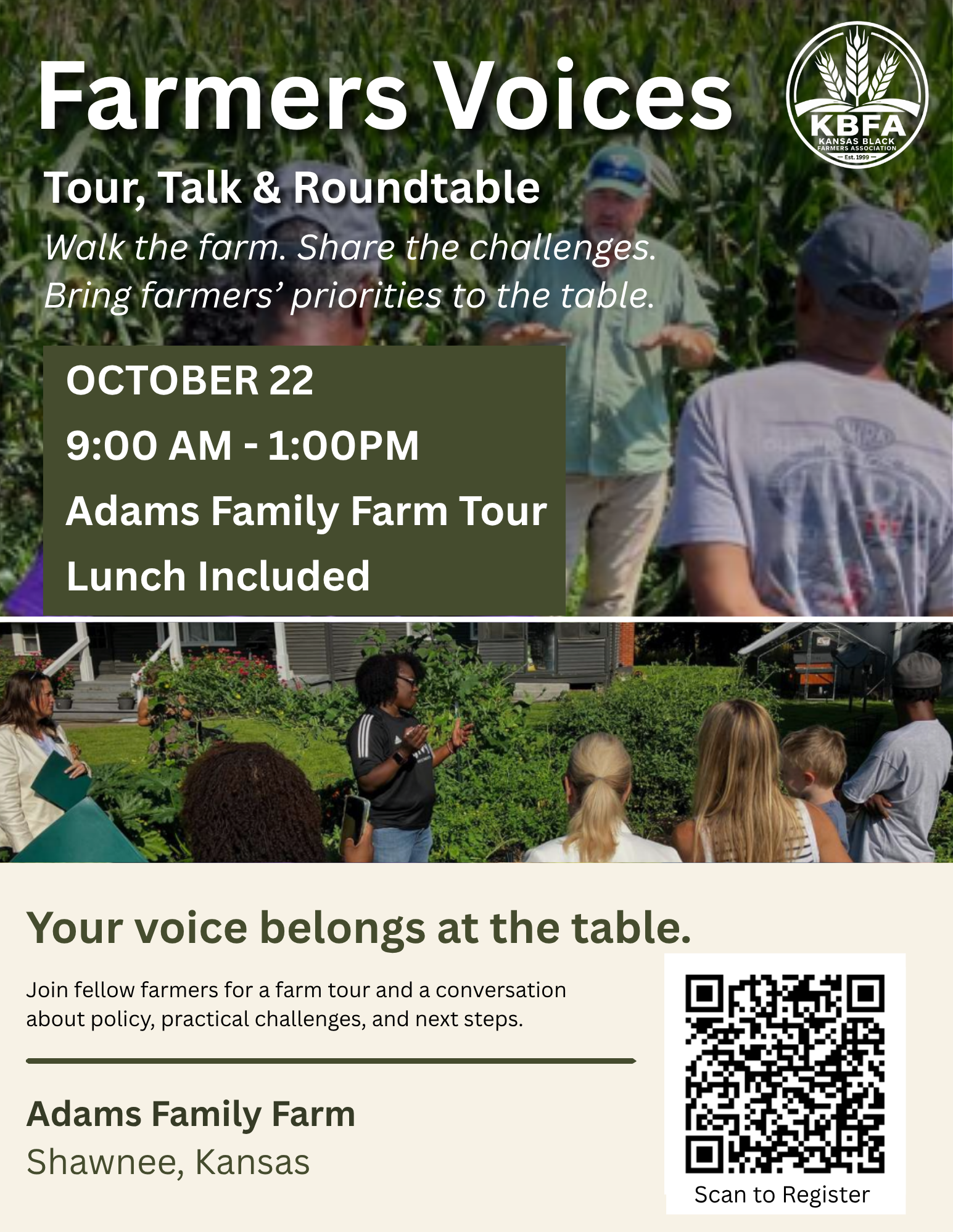 An event flyer that features white text over an image of a man and a women on a farm speaking to a crowd with greenery around them.