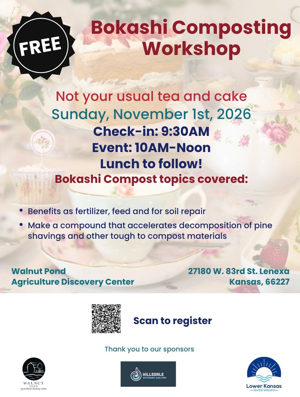 Graphic flyer for a composting workshop. Graphic contains multi color text with a soft image in the background of a tea party.