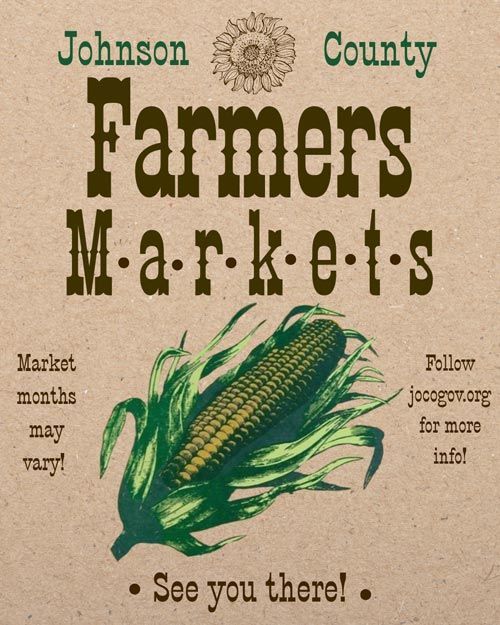 Johnson County Farmers Markets poster with corn illustration and market dates text