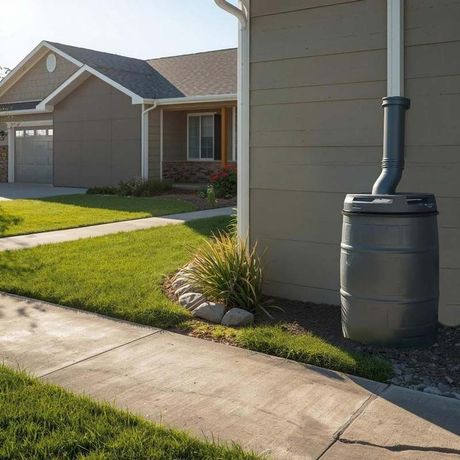 tan ran barrel connected to a white downspout next to a home