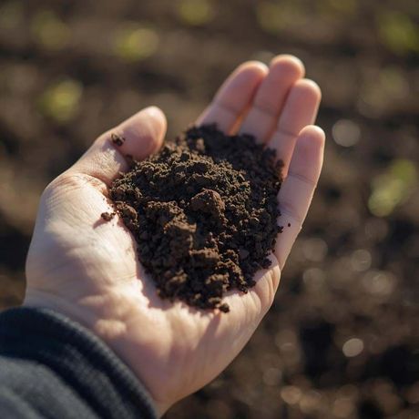 hand holding soil in an outdoor setting