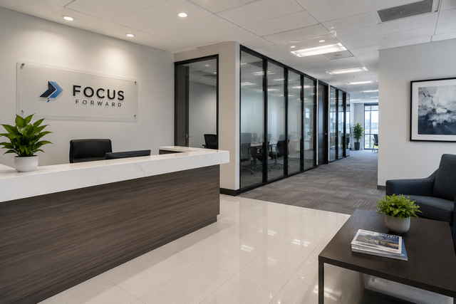 Modern office lobby with reception desk, glass-walled meeting rooms, and gray seating area