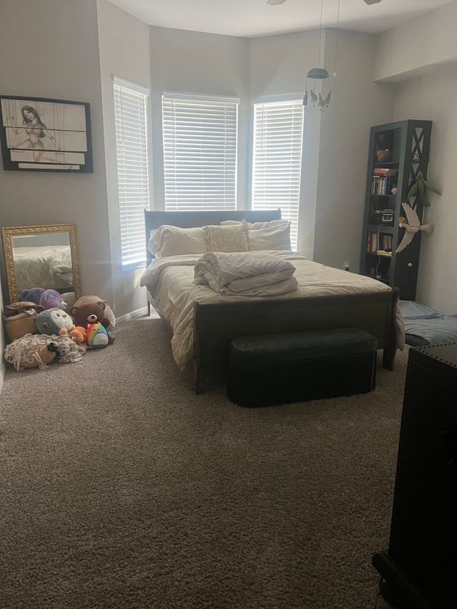 Cozy bedroom with a bed, plush carpet, large windows, framed art, and stuffed animals on the floor.