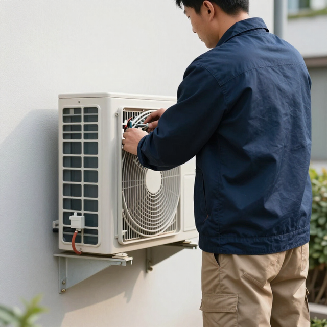 Technician repairing an outdoor wall-mounted air conditioner unit