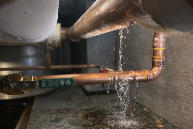 Leaking copper pipe under a sink, water dripping onto the floor.