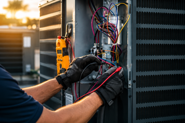 Technician repairing HVAC unit wiring with a yellow multimeter outdoors at sunset