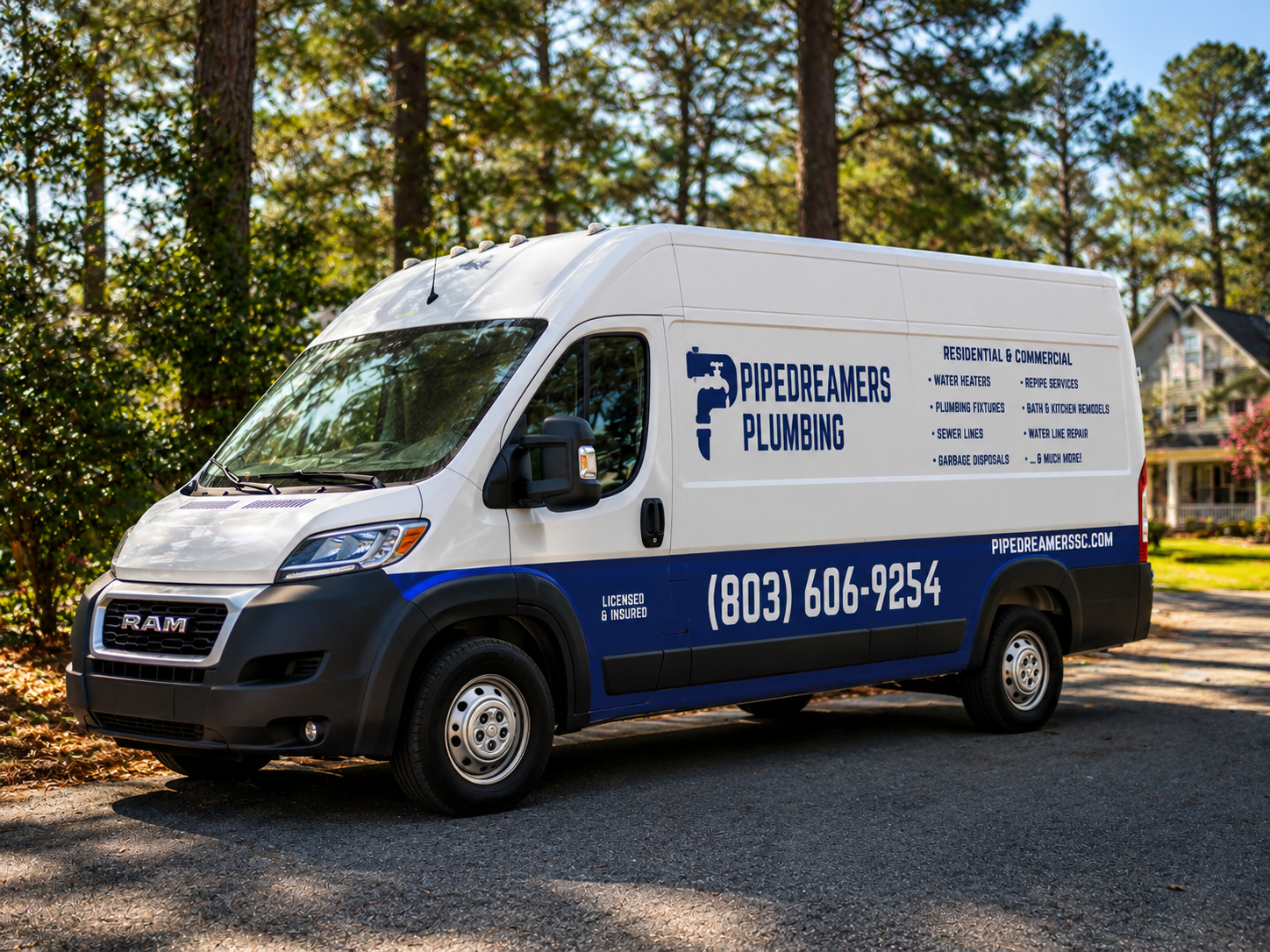 White and blue service van with “Persevere Plumbing” branding parked on a wooded roadside.